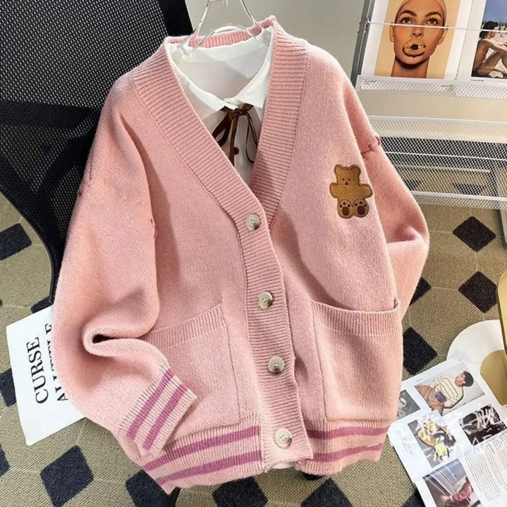 

Korean Style Bear Sweater Cardigan Women's Jacket with Flap Pocket Pants Knitted Outer Top for Autumn Winter Lazy Style