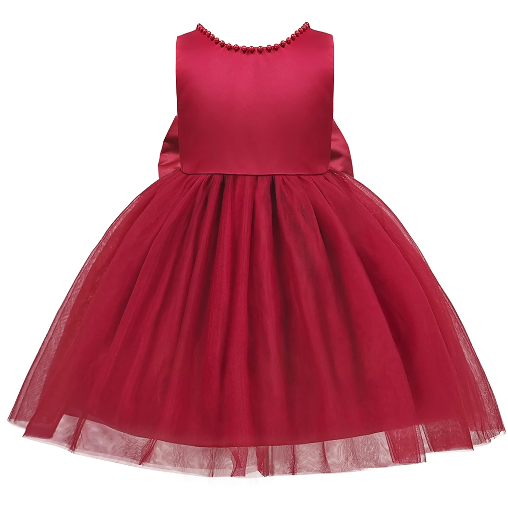 ชุดเดรสเด็กผู้หญิงสำหรับงานแต่งงาน งานปาร์ตี้วันเกิด งานคริสต์มาส งานเลี้ยงตอนเย็น ผ้าซาติน คอวี ผูกโบว์ใหญ่ ผ้าทูลล์