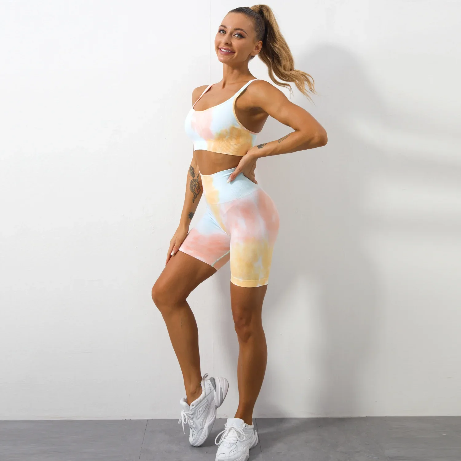 2/3Pcs Seamless Tie-Dyed Yoga Sets Sports Fitness High Waist Hip-lifting Pants Beauty Back Bra Suits Workout Gym Leggings Sets