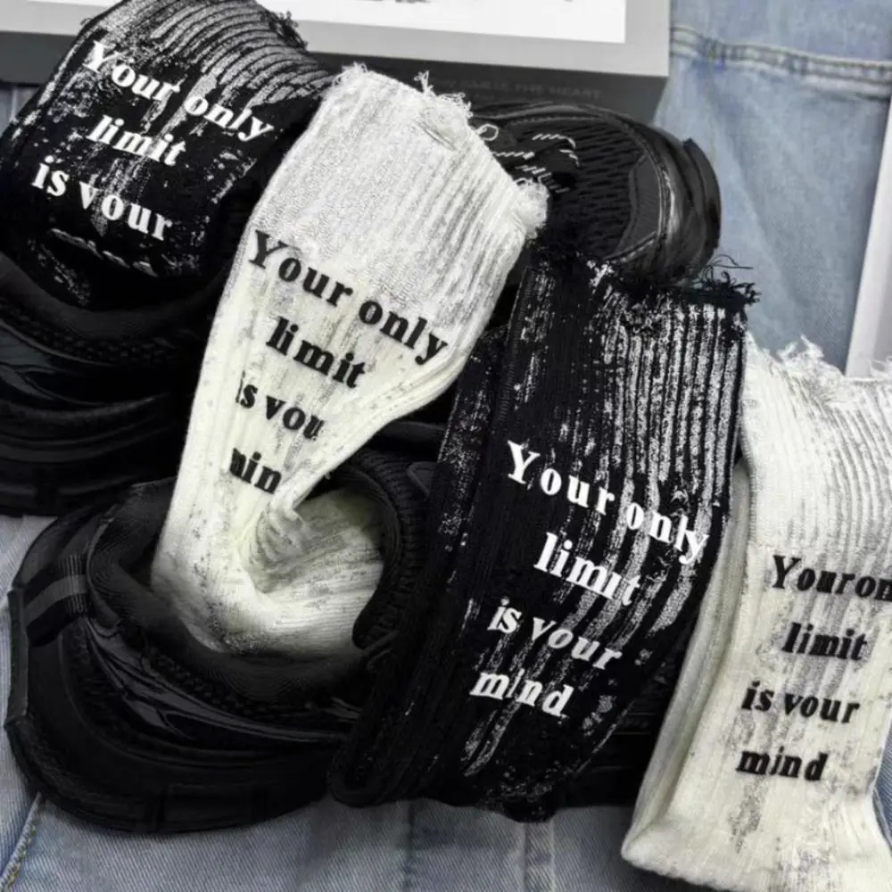 Korean Ripped Hollow Socks Womne Stripe Letter Mid-Calf Socks Personality Streetwear Punk Tube Sock Boy