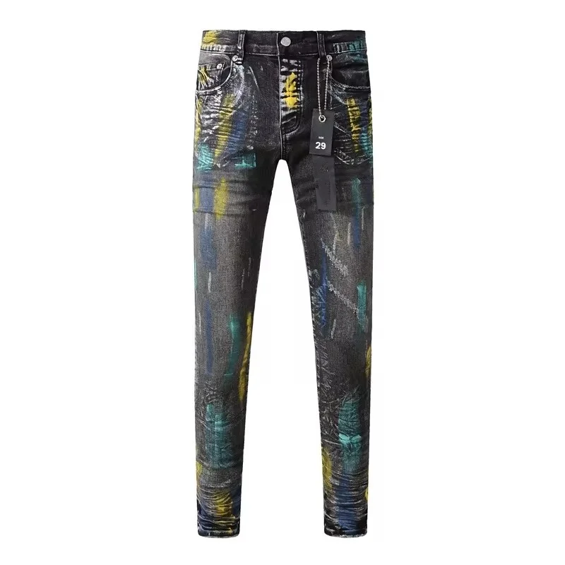 Top quality Purples men jeans Fashion American Streetwear Black gray Repair Low Rise Skinny Denim brand Tie dye paint pants