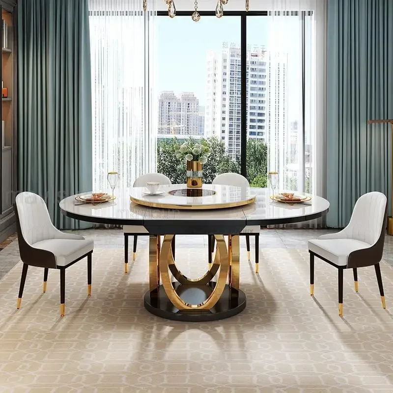 Combination Of Dining Table And 6 Chairs With Turntable Stainless Steel Frame Round Table Kitchen Furniture For Large Apartment