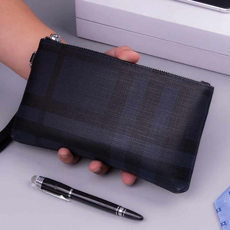 

Large Capaci Casual Men's Wallet Handheld Bag Phone Bag Plaid Pattern PVC Material Zipper Closure Soft Handbag for Youth