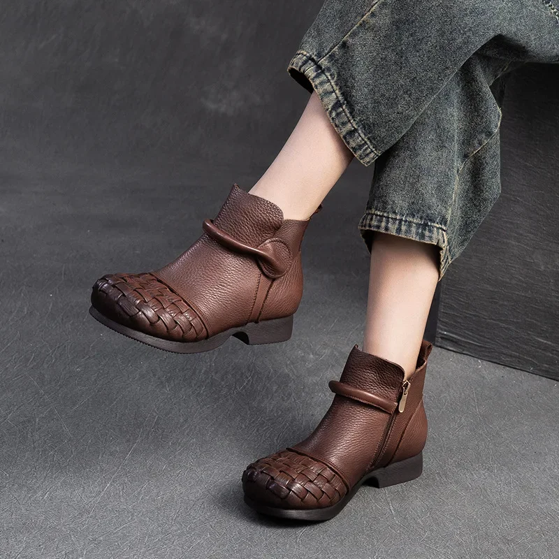 Koznoy 3.5cm Weave Cow mocassini in vera pelle stivali moda donna camino autunno caviglia stivaletti alti scarpe con ZIP primaverili