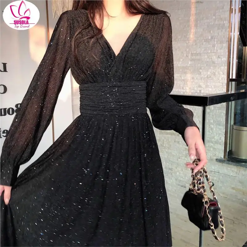 SUSOLA Vintage Glitter Long Maxi Dress Women Spring High Waist Long Sleeve Elegant Boho Dress Shiny Party Dress Sexy