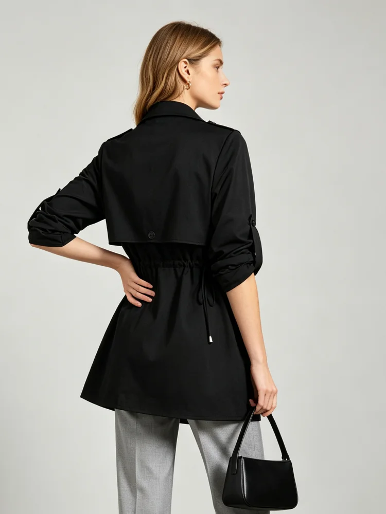 Trench Coat Women Mid-length Double Breasted Long Sleeve Jacket Epaulet Cuff Strap Solid Windbreaker Commuter Daily Outerwear