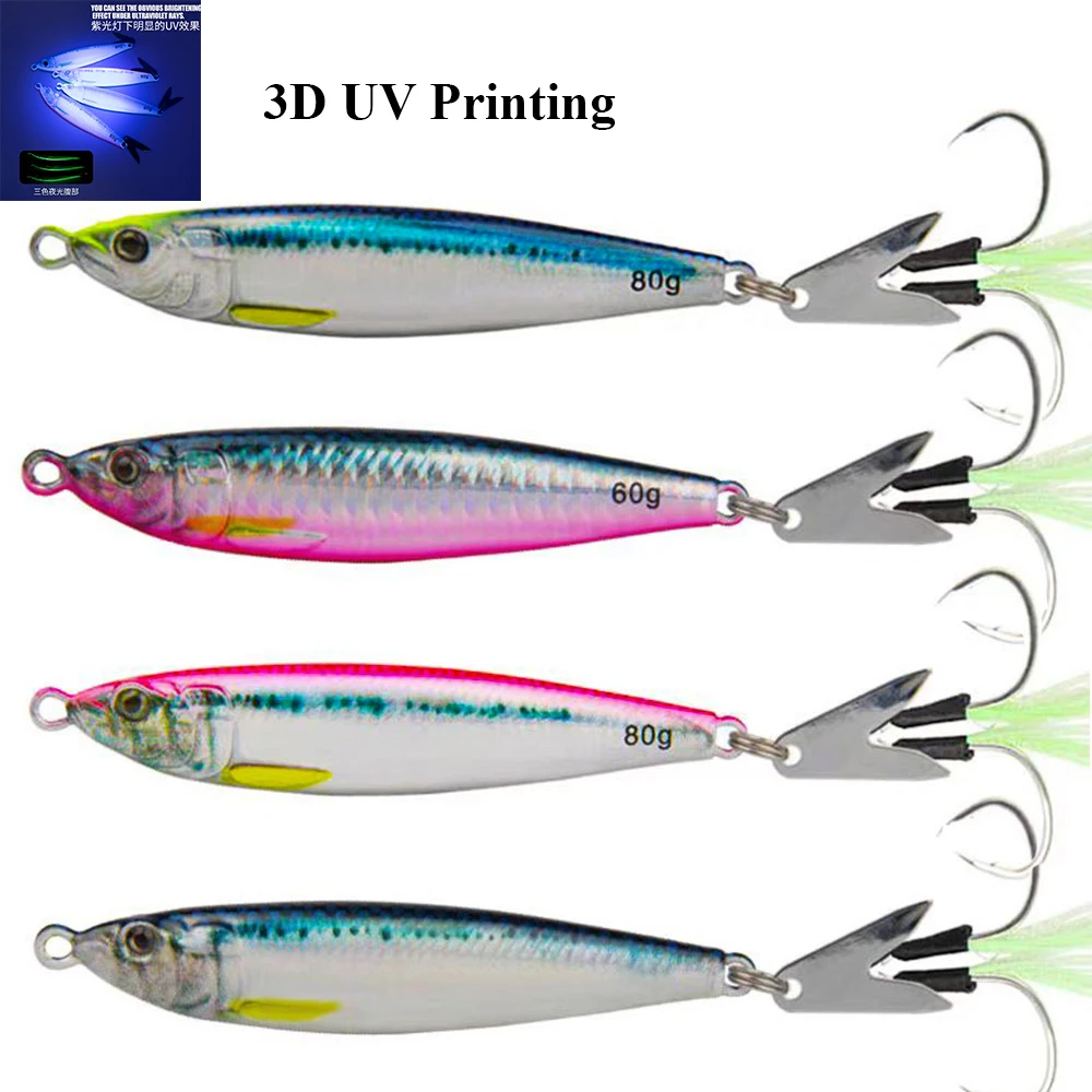 40G60G80G Saltwater Fishing Lure 3D Metal Jig Shore Jigging Slow Drag Cast Artificial Spoon Bait For Sea Bass Tuna Mahi Marlin