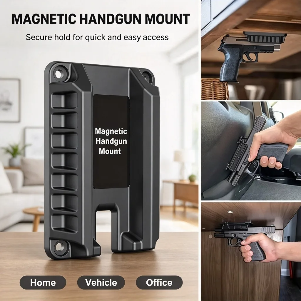 1PC Magnetic Handgun Mount, Quick Draw Concealed Pistol Holder with Screws, Gun Magnet Mount for Car, Desk, Wall, Home Safe Use