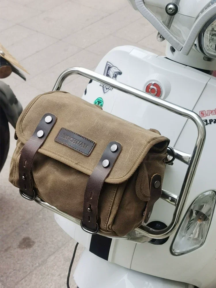 Best-selling vintage waxed canvas motorbike side bags and bicycle rear bags, ideal for motorbike rides and storage messenger bag