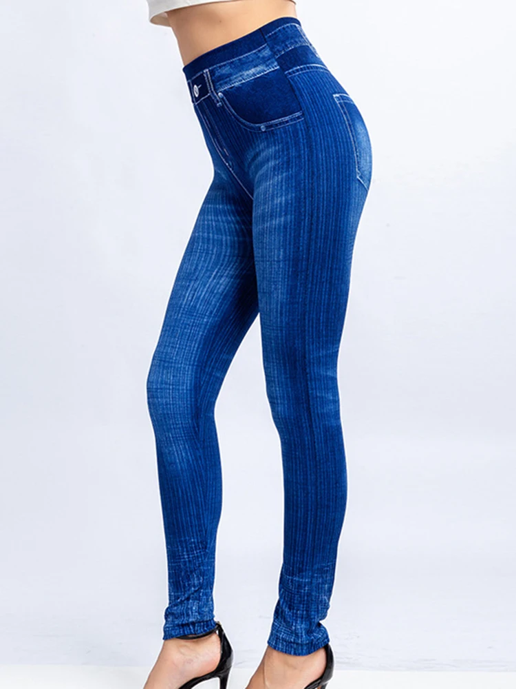 

Casual High Waist Sexy Jeggings Elegant Women Clothes Blue False Jeans Ladies Leggings Stretchy Long Pants