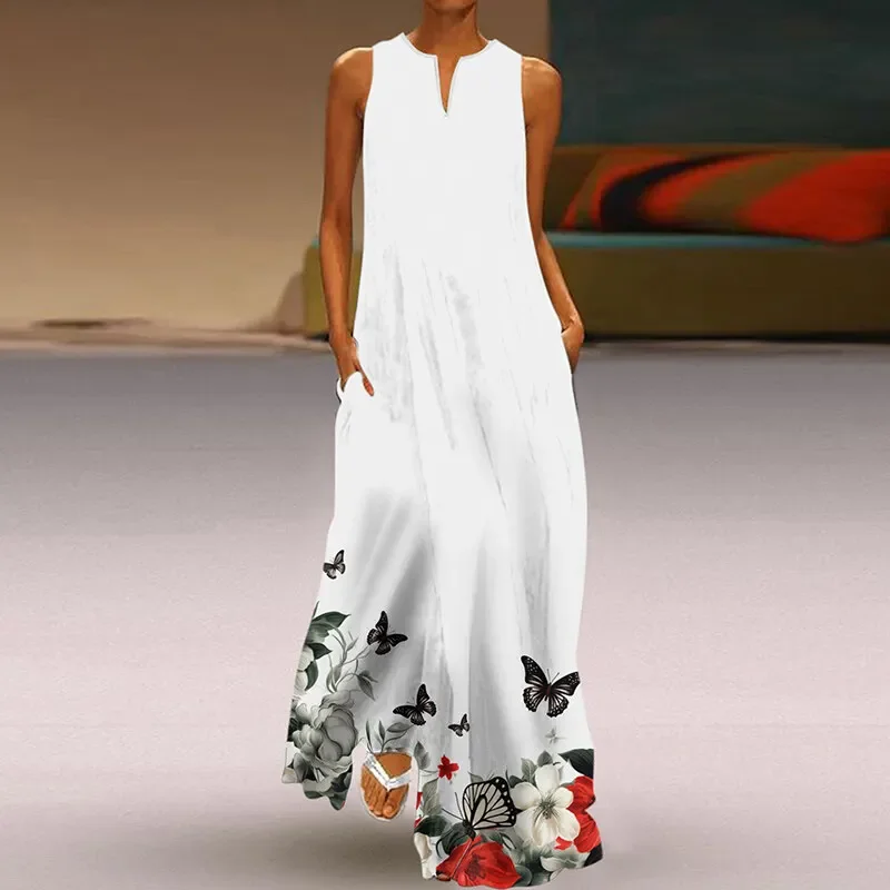 فستان طويل بدون أكمام مطبوع عليه زهور متدرجة ثلاثية الأبعاد، فستان نسائي أنيق مزين بالزهور، موضة الشارع الحضرية، فستان ماكسي للسيدات