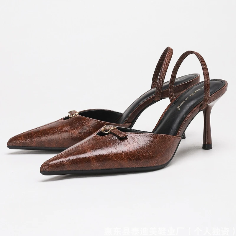 

Роскошные дизайнерские женские туфли на высоком каблуке, модные женские туфли-лодочки с пряжкой на спине и ремешком, сексуальные коричневые женские туфли с острым носком в стиле ретро