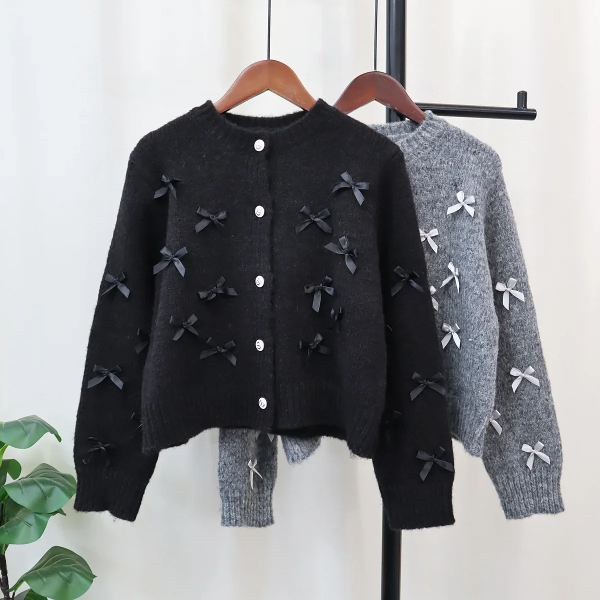 Knitted Sweater Women Cardigan Thick 2024 Bow Pullovers Spring Warm Autumn Winter Jacquard Jumpers Y2k E-girl Jumper Work