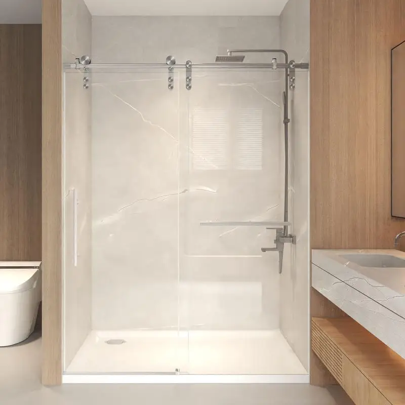 

56-60" x 76" H Frameless Sliding Tub Shower Door, 5/16" Clear Tempered Glass, Stainless Steel Frame in Brushed Nickel Finish
