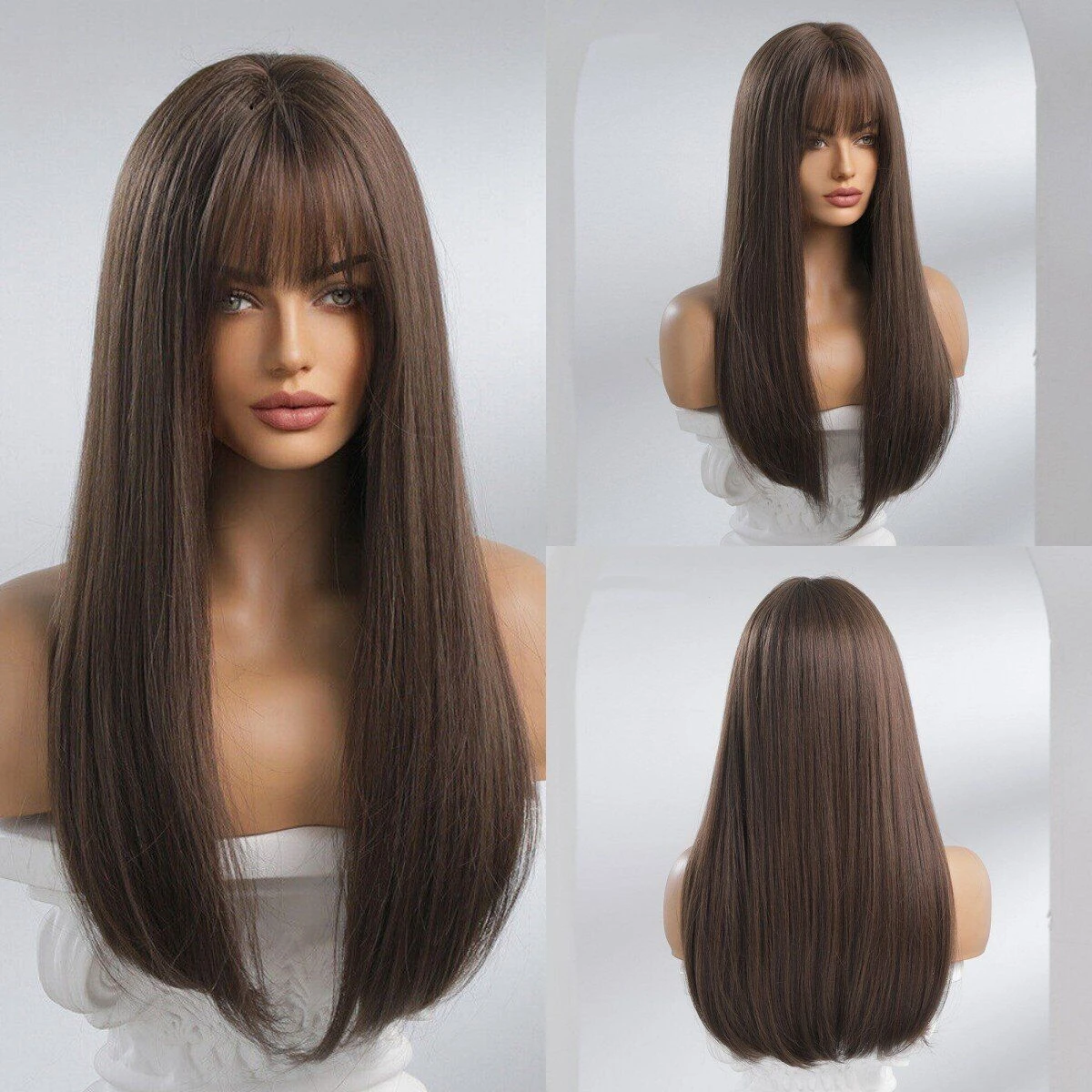 24 Inch Dark Brown Long Natural Straight Hair Bangs WomenDaily Use Wigs