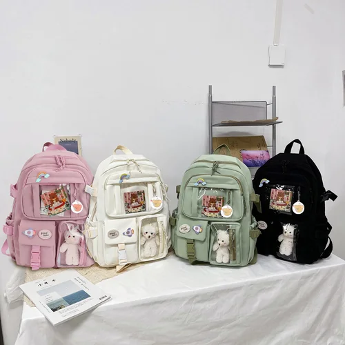 Imagen 2 del producto Mochila De estudiante universitario, mochila escolar de moda con Pin colgante de felpa, lindo Kawaii de gran capacidad, estilo japonés para niñas adolescentes