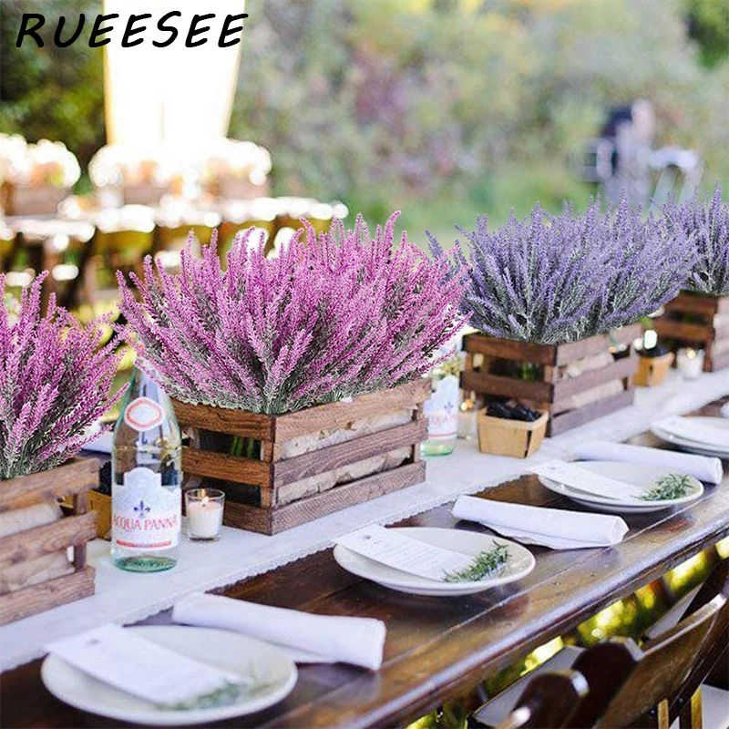 Artificial Flowers Flocked Plastic Lavender Bundle Fake Plants Wedding Bridle Bouquet Indoor Outdoor Home Kitchen Office Table