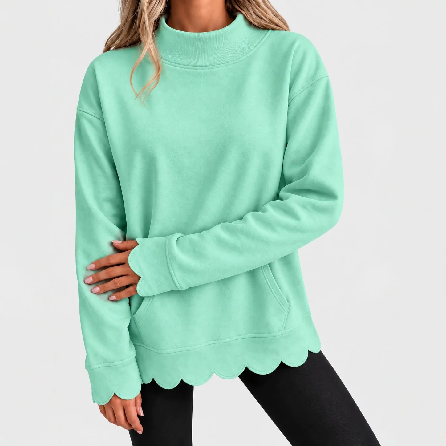 Women Mock Neck Loose Sweatshirt Scallop Hem & Cuff With Pockets Casual Pullover Top