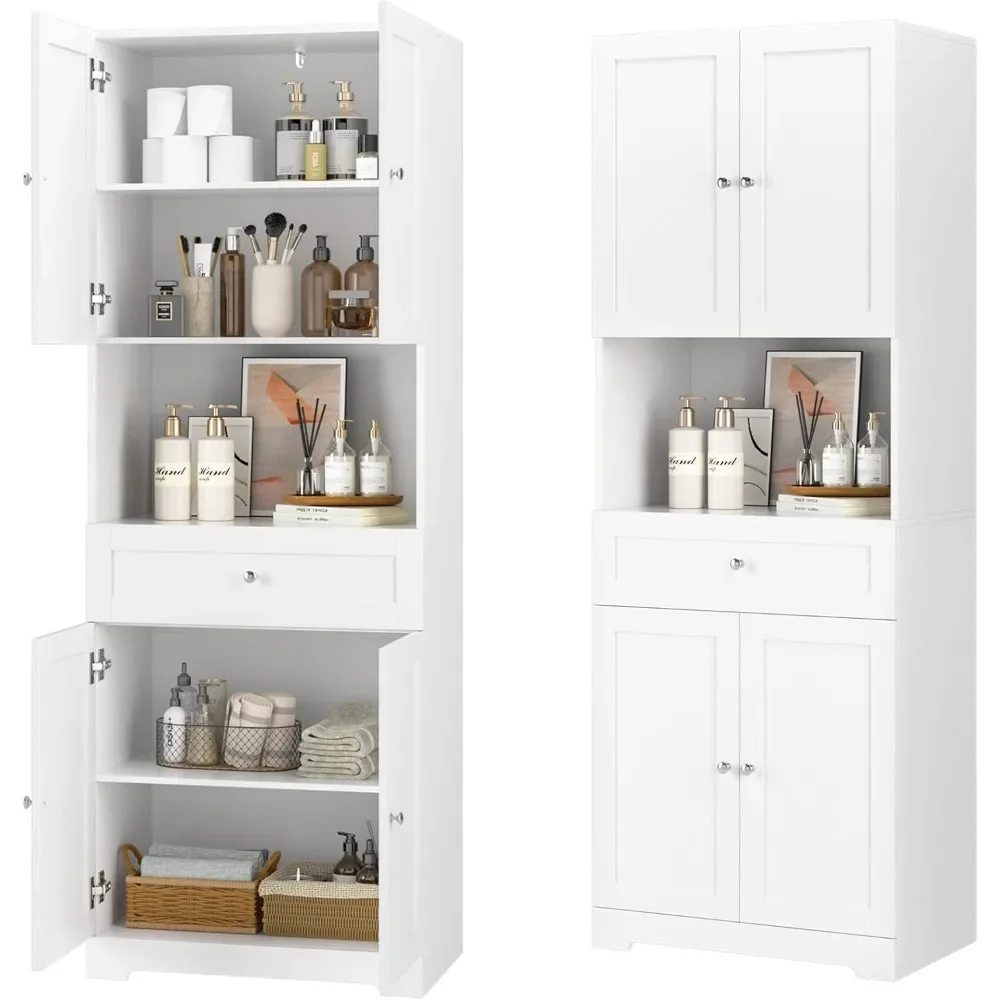 Tall Bathroom Storage Cabinets, Modern Linen Storage Cabinet with 4 Doors & Shelves & Drawer, 67" H Tall Storage Cabinet