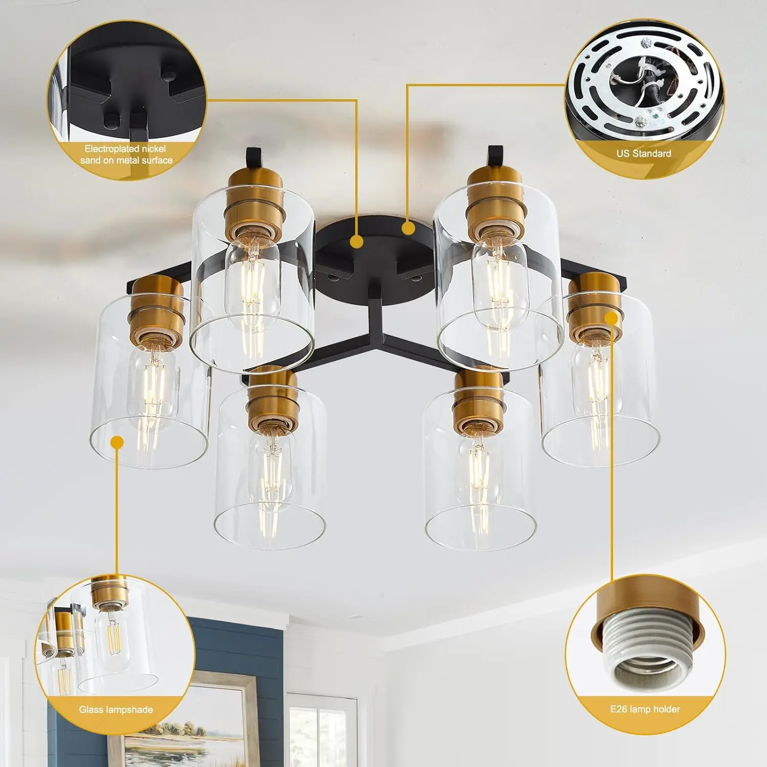 Black And Gold Semi Flush Mount Ceiling Light, 6 Light Vintage Kitchen Ceiling Lighting Fixtures, Large Ceiling Light Fixtures