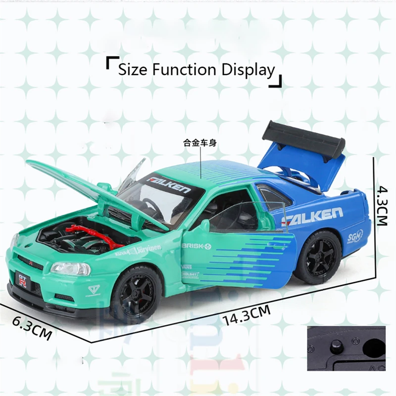 1:32 Nissan Skyline Ares GTR R34 Alloy Sports Car Model Diecasts Metal Track Race Car Model Simulation Sound Light Kids Toy Gift