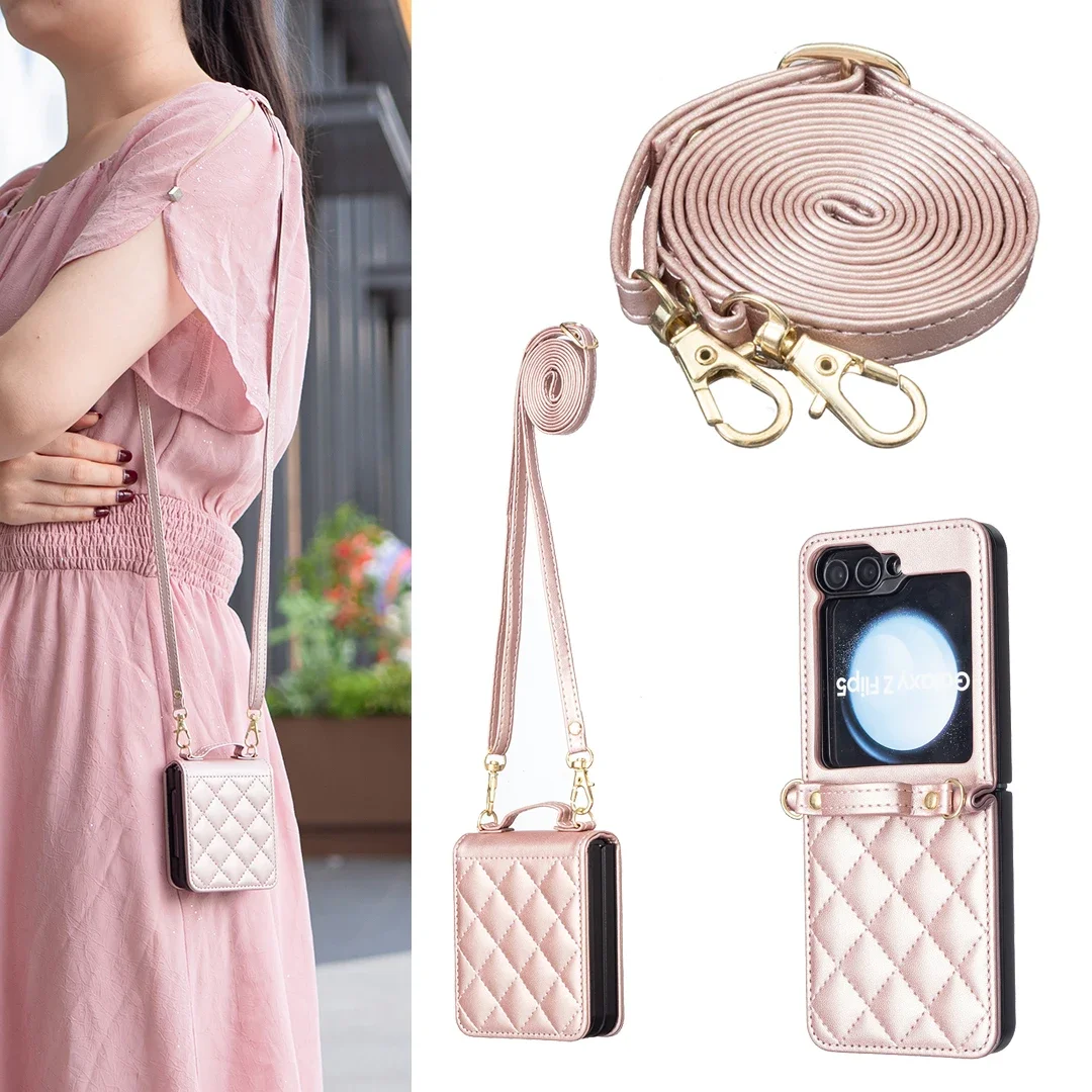 Luxury Crossbody Diamond Leather Case For Samsung Galaxy Z Flip 7 FE 6 5 4 3 5G Flip6 Shoulder Strap Slim Plain Folding Cover