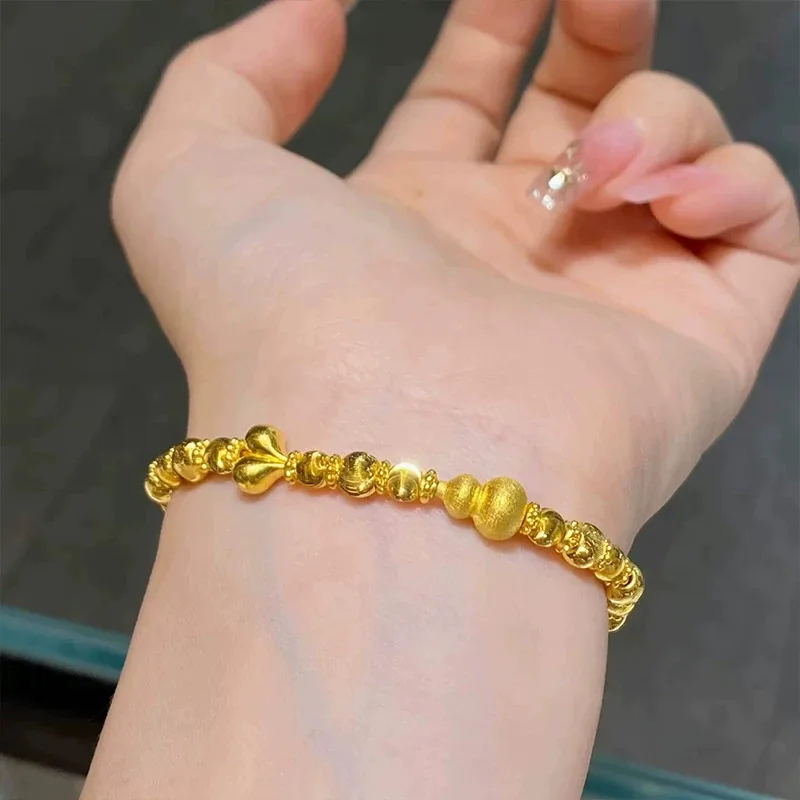 Vintage Female Brushed Cat Eye Gourd Peach Bracelet Luxury 9999 24K Real Gold Sparkling Cat Eye Bead for Girlfriend Women
