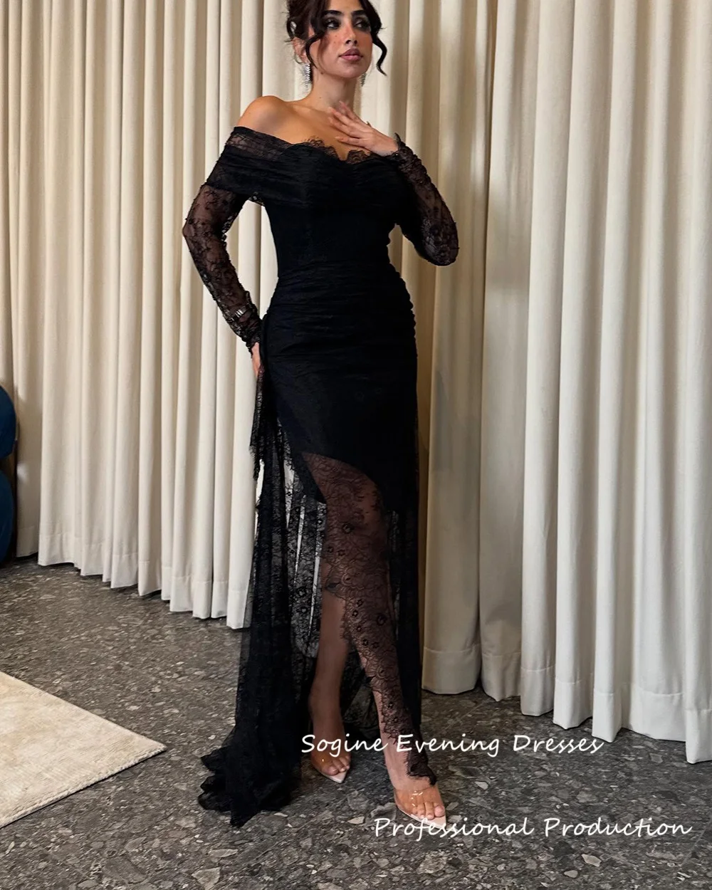 

Off Shoulder Lace Cocktail Dresses For Sexy Women 3/4 Sleeve Evening Dress With Slit Empire Waist Mermaid Long Formal Dress