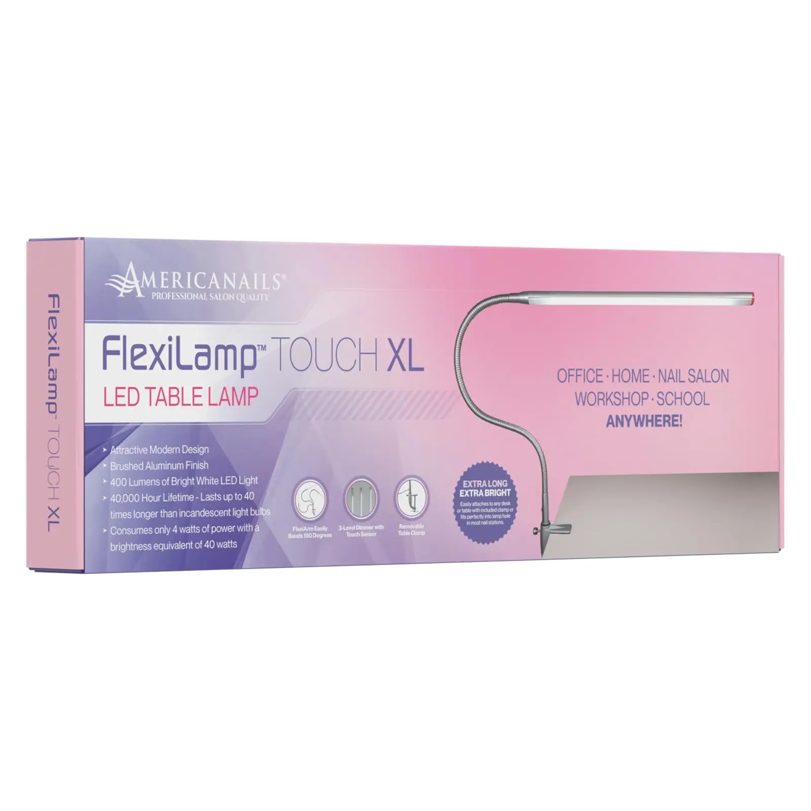 Americanails FlexiLamp Touch XL - LED Table Desk Lamp - Removable Clamp - Adjustable Lighting for Nail Stations