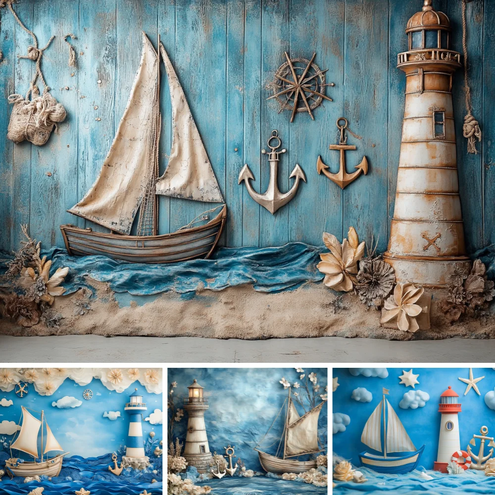 Photography Backdrop Ocean Nautical Blue Wood Board Sailboat Seashell Starfish Coral Kids Birthday Party Photo Background Decor