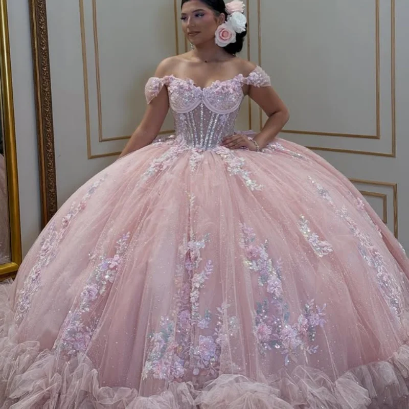 

Блестящее розовое платье Quinceanera с открытыми плечами, 3D цветок, тюль, кружево, многослойные кристаллы, платья de 15, Quinceanera ﻿ Индивидуальный
