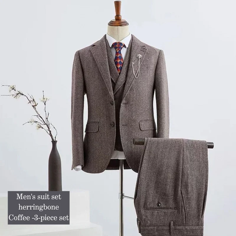 

Retro British Herringbone Men's 3-piece Set, New Autumn Winter Fashionable Slim Fit Suit, Blazer Jacket, Banquet Wedding Dress