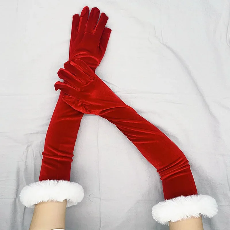 

Christmas Party Red Gold Velvet White Plush Long Gloves Cosplay Costume Stage Performance Photography Props Women Winter Warm