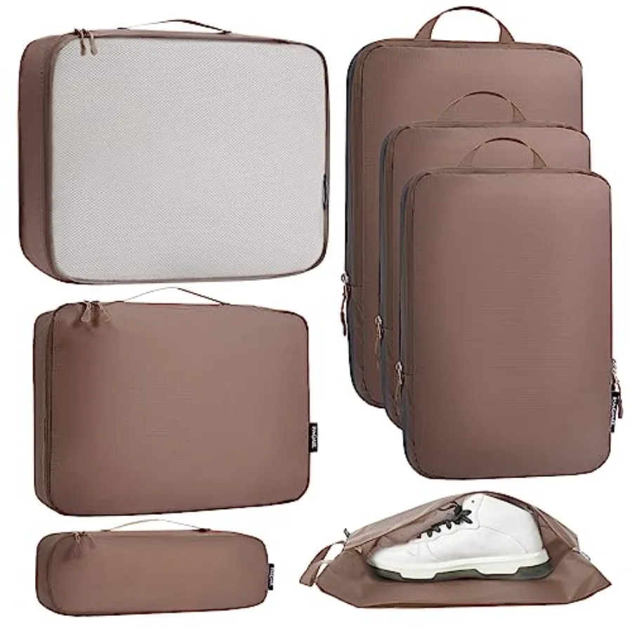 

Ultralight Compression Cubes 7 Set for Travel: 3 Packing Cubes 3 Organizers and 1 Shoe Bag in Black Lightweight Durable Polyest