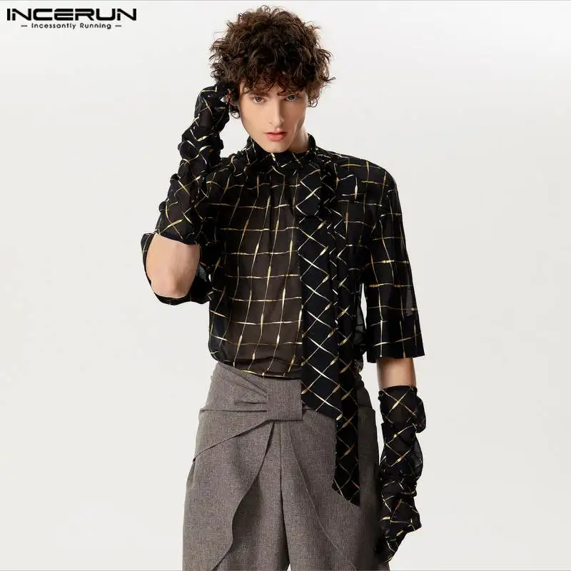 INCERUN Tops 2024 American Style Fashion Men\'s Checkered Mesh Thimble Design Shirts Casual Tie Collar Short Sleeved Blouse S-5XL