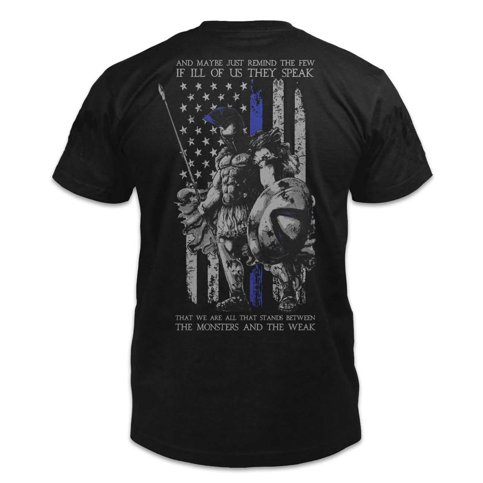 Thin Blue Line Flag Spartan Shield Spear Warrior Molon Labe Motto T-Shirt. Summer Cotton Short Sleeve O-Neck Mens T Shirt New