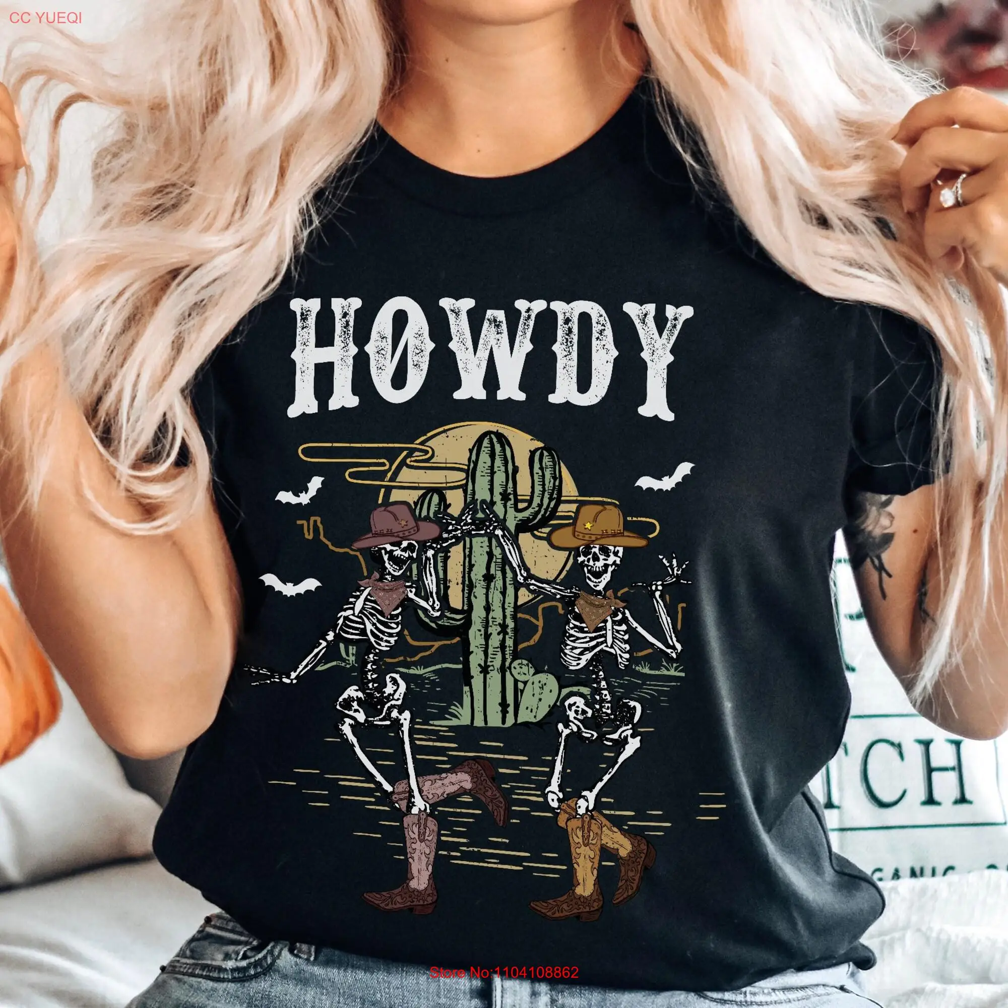 Howdy T Shirt Cowboy Skeleton Halloween Cowgirl Yeehaw MidwesT Country Music DeserT Western long or short sleeves