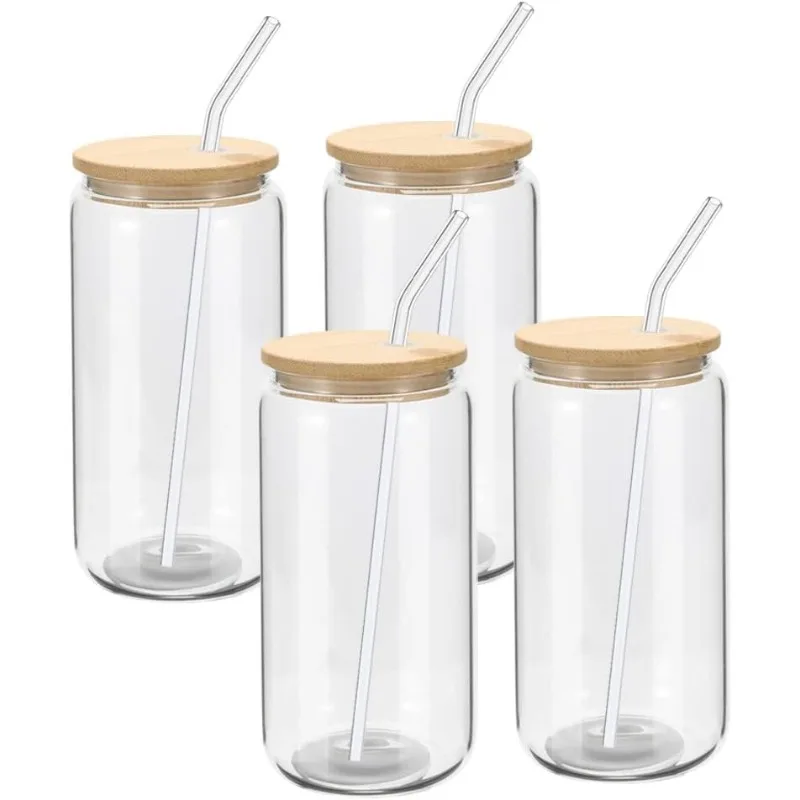 20 Pack Glass Cups with Bamboo Lids and Glass Straw 16oz Beer Can Shaped Drinking Glasses Cups, Glass Tumbler Reusable Cute Cups image 2