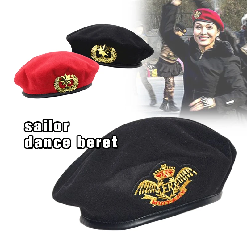 Men Women Wool Felt Berets Metal Badge Decor Sailors Dance Stage Performance Hat Military Fans Army Cap Security Cap Adjustable