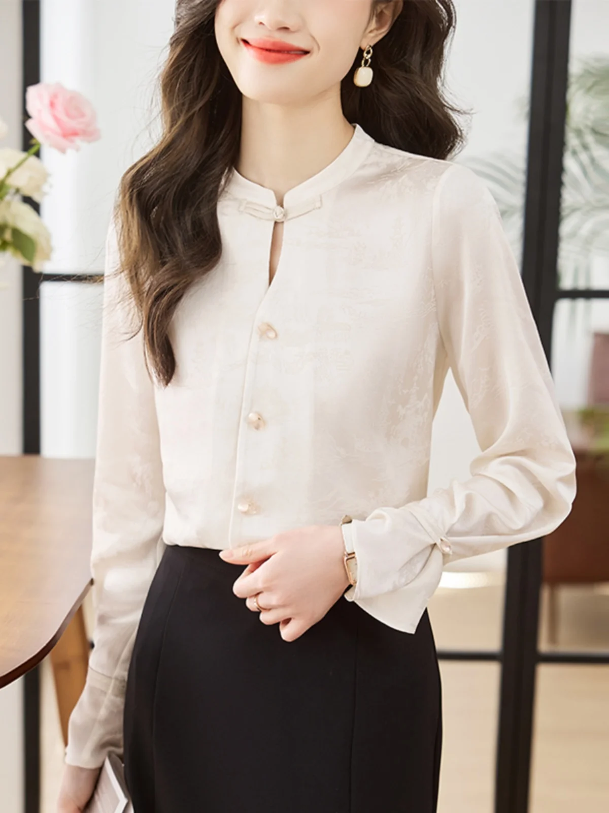 

New Chinese Sle awl Collar Long Sve irt Women's Spring Autumn Design Sensation Inner Wear Chiffon Button up Top