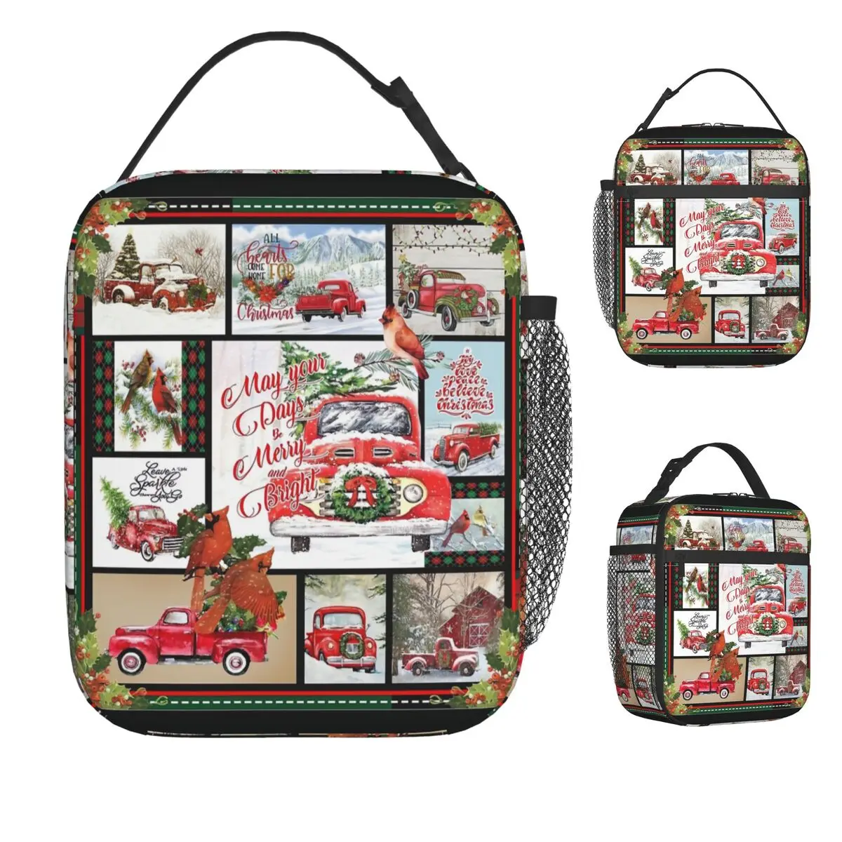 

Northern Cardinal Christmas Red Truck And Tree Lunch Bag Leisure Lunch Box Picnic Portable Tote Food Bags Graphic Cooler Bag