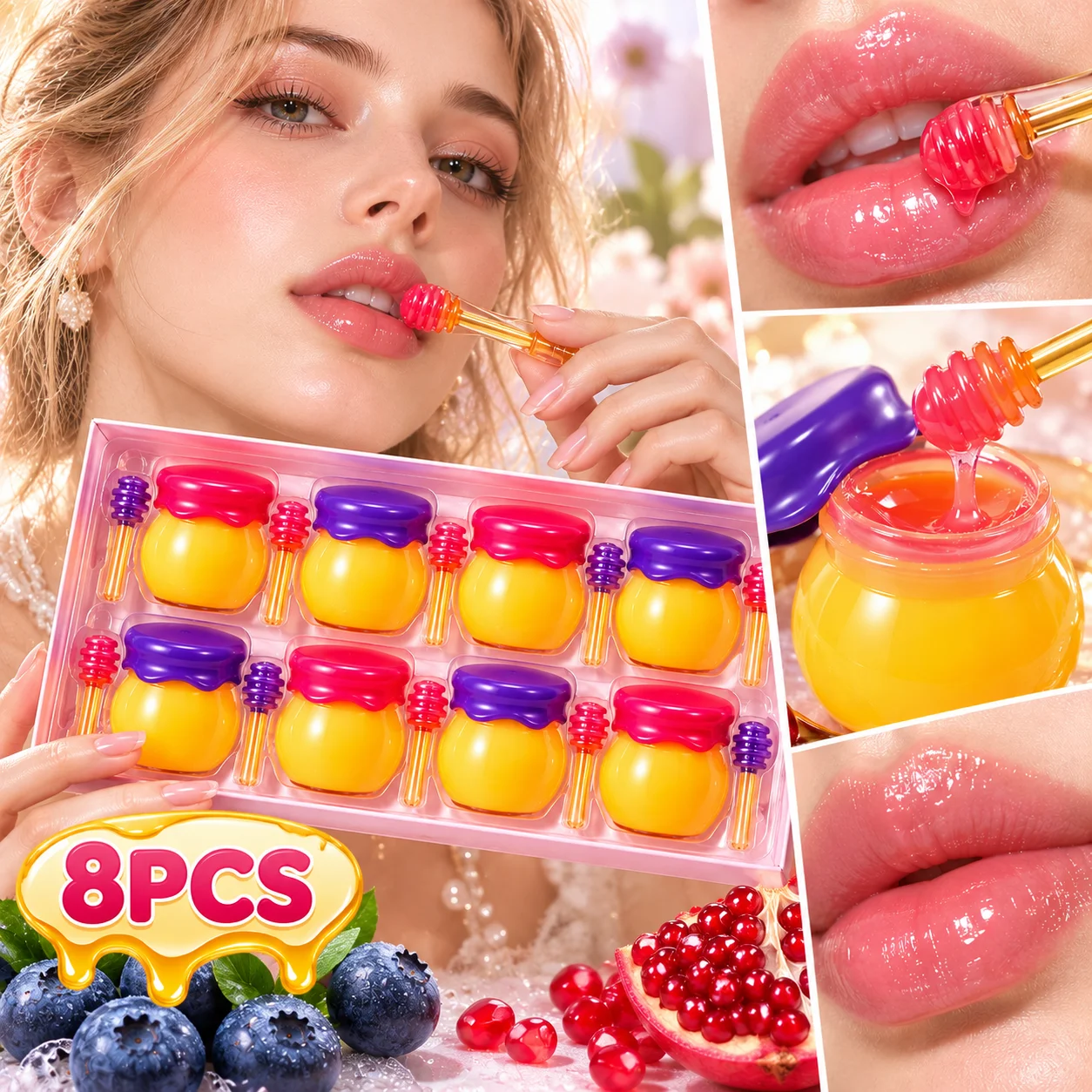 8PCS Honeypot Lip Mask Set, Moisturizing Jelly Lip Balm, Blueberry Pomegranate Overnight Lip Care, Beauty Gift for Women