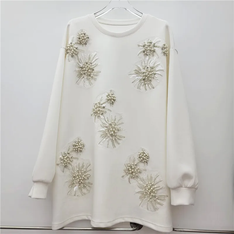 HKSH ฤดูใบไม้ร่วงฤดูหนาวใหม่เสื้อสเวตเตอร์ผู้หญิง O-คอเสื้อแขนยาวประดับด้วยลูกปัดประดับด้วยเลื่อมอเนกประสงค์ลำลองที่หรูหราเสื้อฮิต HK15604