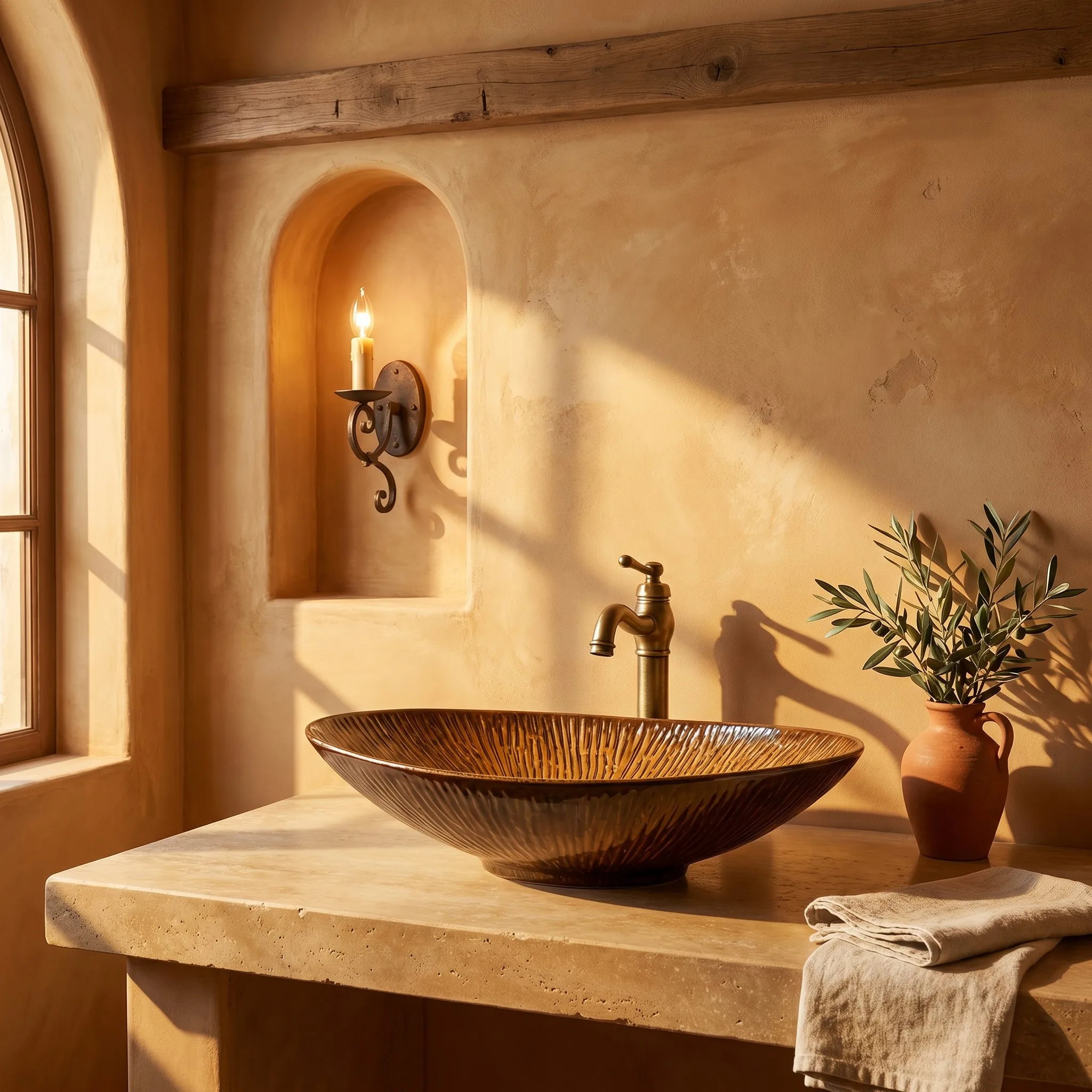 R*# Flower Inner and Outer Embossed Brown Gold Modern Farmhouse Bathroom Ceramic Art Basin