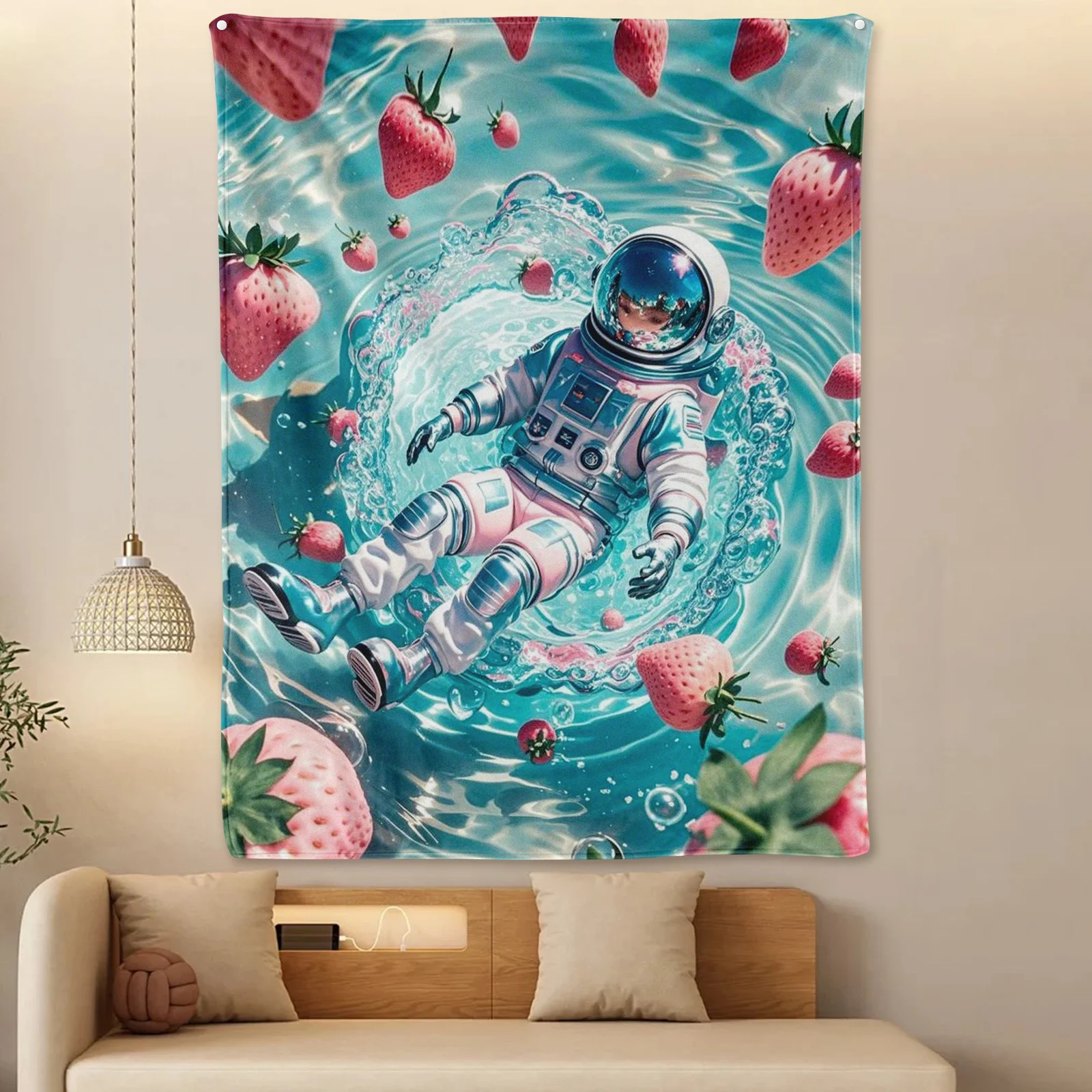 นักบินอวกาศสตรอเบอร์รี่ Turquoise Pool แฟนตาซีผ้าห่มสําหรับ Dreamy Room Decor ด้วยการออกแบบที่สวยงามที่ไม่ซ้ําใครและขี้เล่น