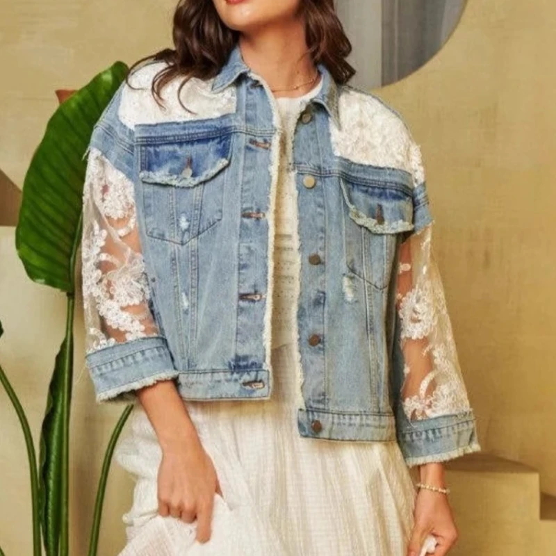 2025 Cross-border European Women's New Fall/Winter Denim Jacket with Hole-Embossed Netting and Patchwork Design
