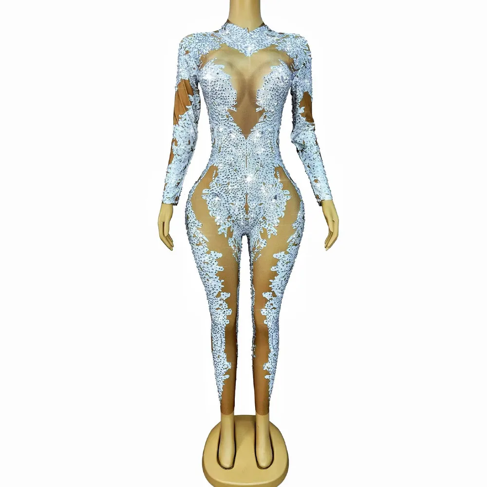 Tenue de spectacle de luxe avec strass brillants, combinaison à manches longues pour femmes, Costume de fête, boîte de nuit, séance photo, vêtements de scène de danse