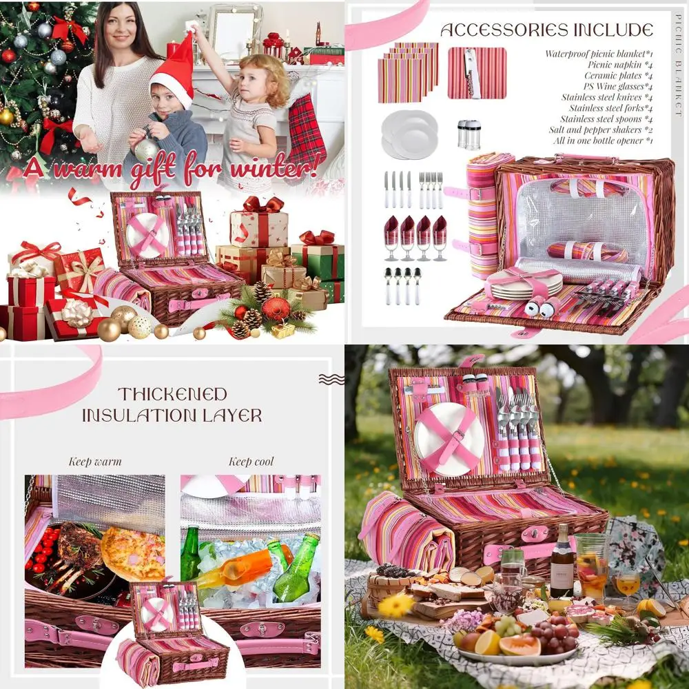 

Picnic Basket Set or 4 with Waterproo Blanket Mat Insulation Bag Wicker Pink Stripe Classic resh Git or Chrisas Thanksgiving Wed