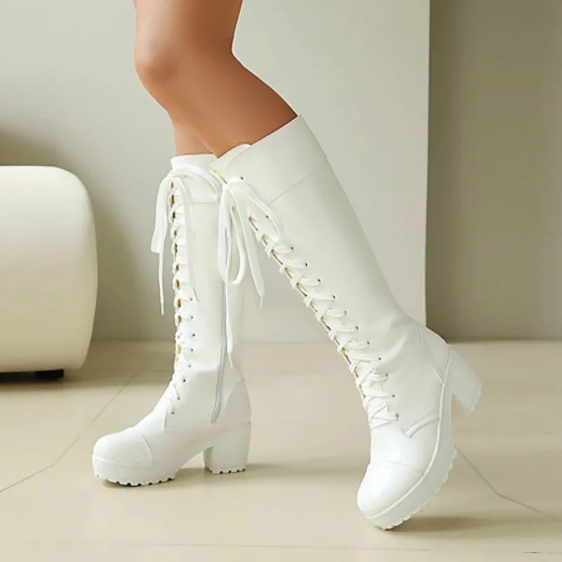 المرأة الركبة عالية الدانتيل يصل الأحذية القتالية منصة مكتنزة القوطي الأحذية زائد حجم 34-48 #1