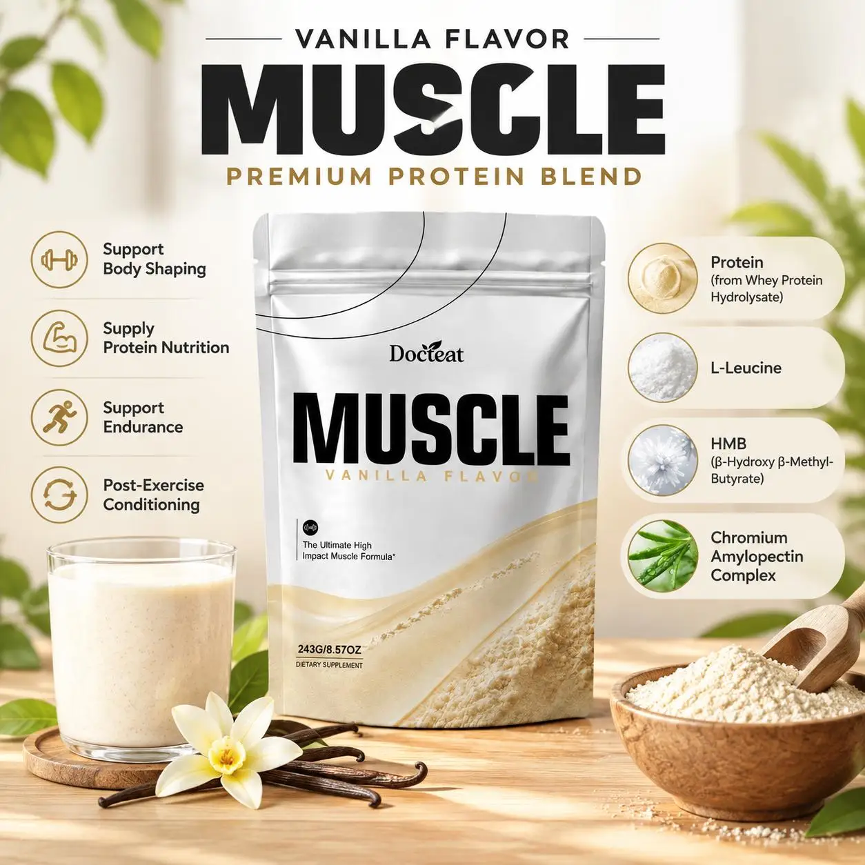Muscle Powder Vanilla with Whey Protein Hydrolysate, L-Leucine and HMB for Strength and Post-Workout Recovery, 15 Servings